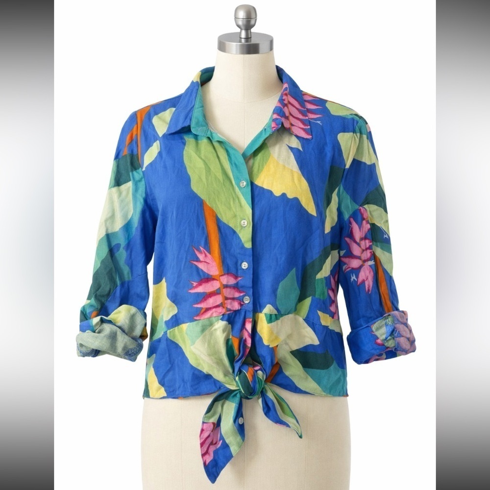 Christian Siriano New York Tropical Print Linen Blend Tie-Front Top Small - Picture 1 of 6